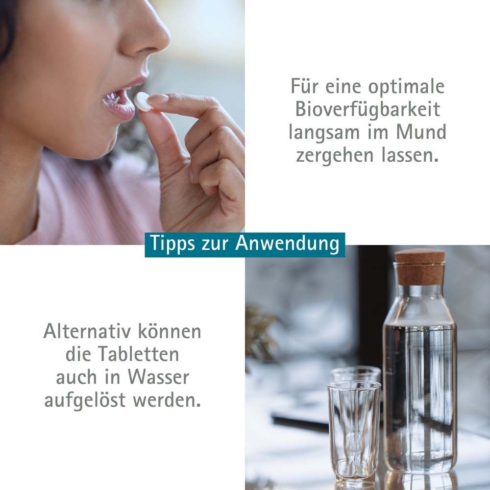 Frau nimmt Tablette ein. Text: Für optimale Bioverfügbarkeit langsam im Mund zergehen lassen.