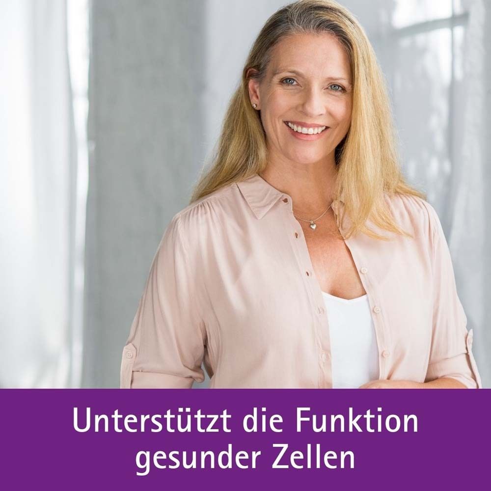 Frau lächelt. Text: Unterstützt die Funktion gesunder Zellen.