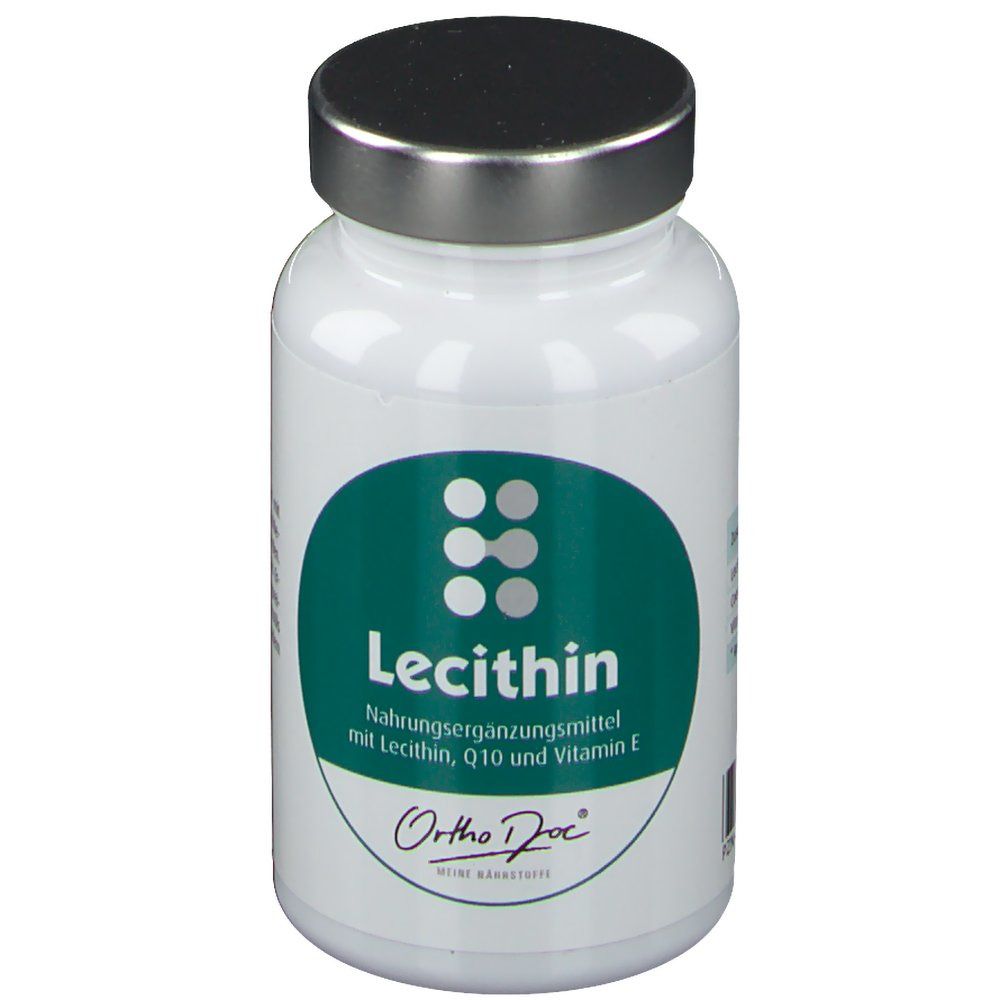 Weiße Flasche mit silbernem Deckel. Grünes Etikett mit "Lecithin" und Logo. "Ortho Doc" Schriftzug.