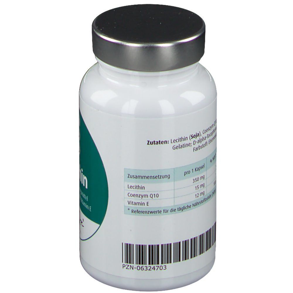 Rückseite der weißen Flasche. Etikett mit Inhaltsstoffen: Lecithin, Coenzym Q10, Vitamin E. Barcode unten.