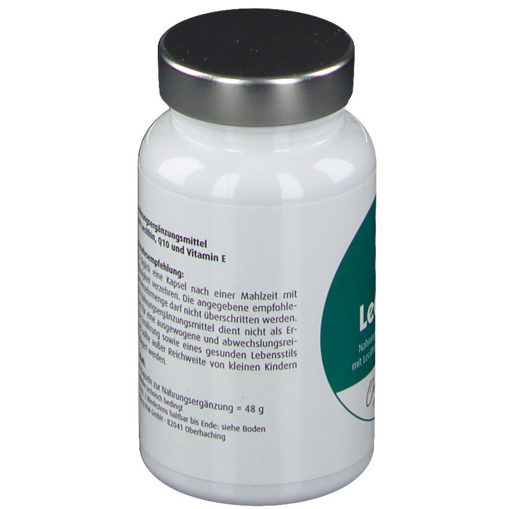 Weiße Flasche, teilweise Etikett mit Text. Enthält Lecithin, Q10 und Vitamin E. "Ortho Doc" Schriftzug.