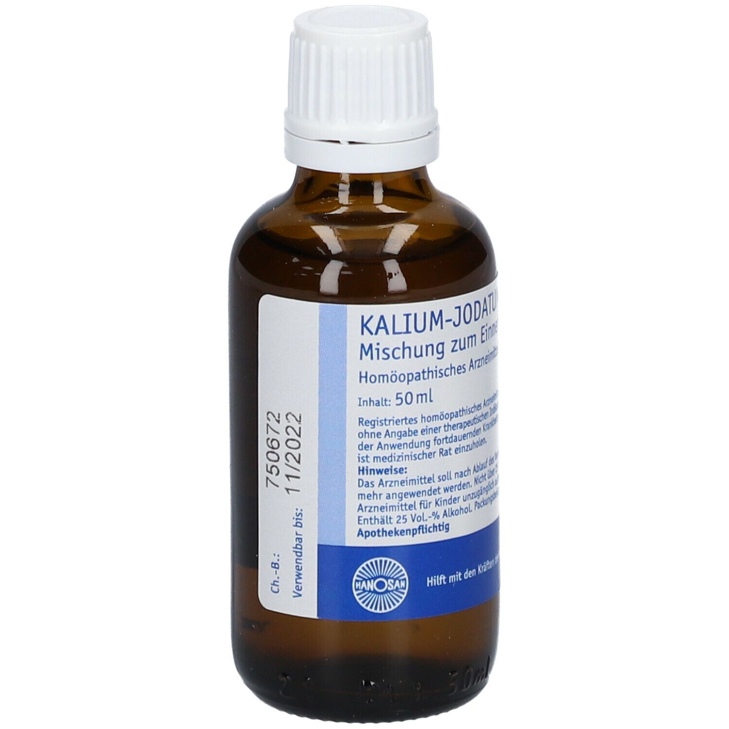 Braune Glasflasche mit weißem Verschluss. Beschriftung: KALIUM-JODATUM Mischung zum Einnehmen. Etikett mit Verfallsdatum und Herstellerangaben.