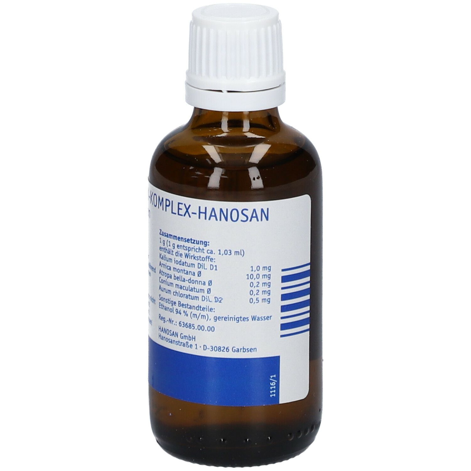 Braune Glasflasche mit weißem Verschluss. Beschriftung: KOMPLEX-HANOSAN. Etikett mit Inhaltsstoffen und Herstellerangaben.