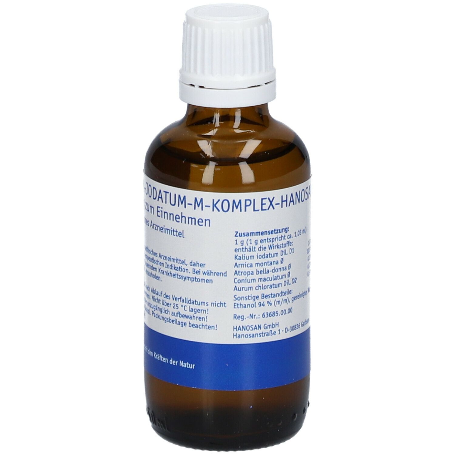Braune Glasflasche mit weißem Verschluss. Beschriftung: KALIUM-JODATUM-M-KOMPLEX-HANOSAN. Etikett mit Inhaltsstoffen und Herstellerangaben.