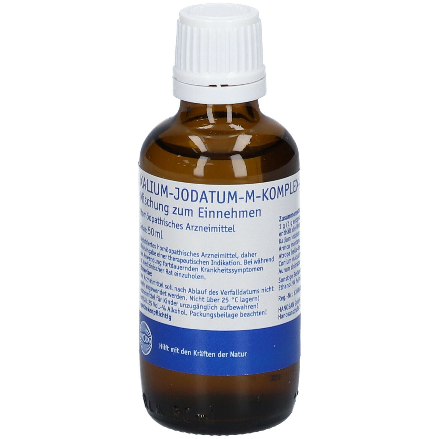 Braune Glasflasche mit weißem Verschluss. Beschriftung: KALIUM-JODATUM-M-KOMPLEX-HANOSAN. Etikett mit Inhaltsstoffen und Herstellerangaben.