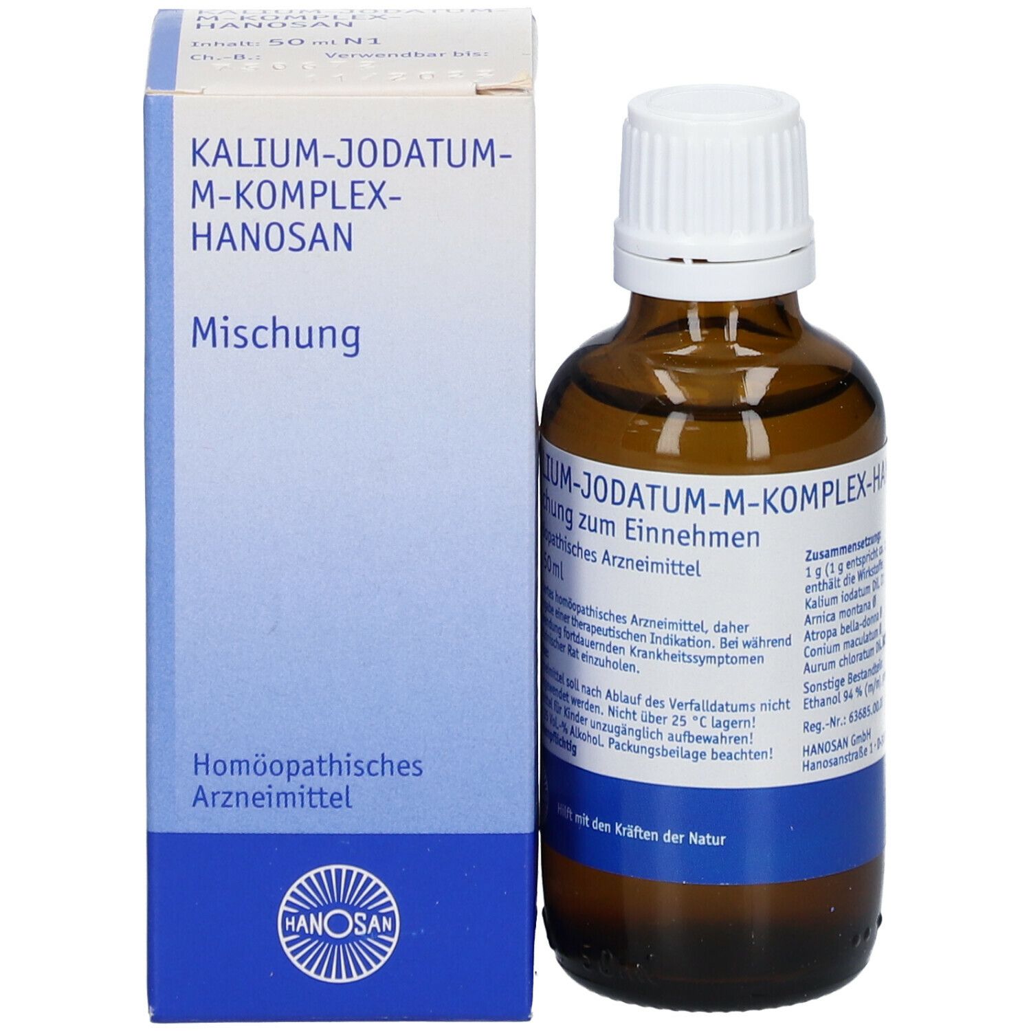 Braune Glasflasche mit weißem Verschluss und Karton. Beschriftung: KALIUM-JODATUM-M-KOMPLEX-HANOSAN. Karton mit Produktnamen und Herstellerlogo.