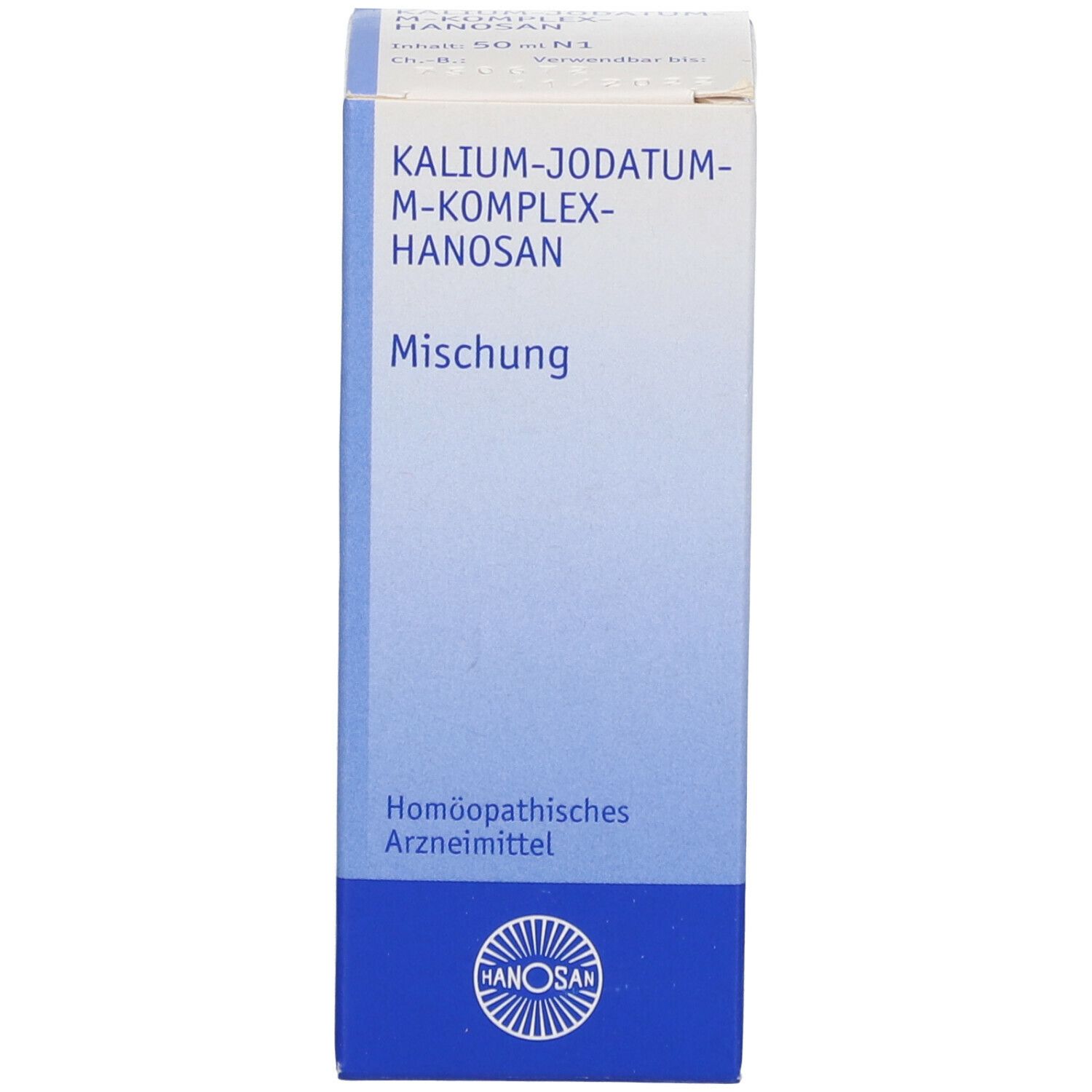 Kartonverpackung mit Produktnamen: KALIUM-JODATUM-M-KOMPLEX-HANOSAN. Logo des Herstellers HANOSAN. Beschriftung: Homöopathisches Arzneimittel.