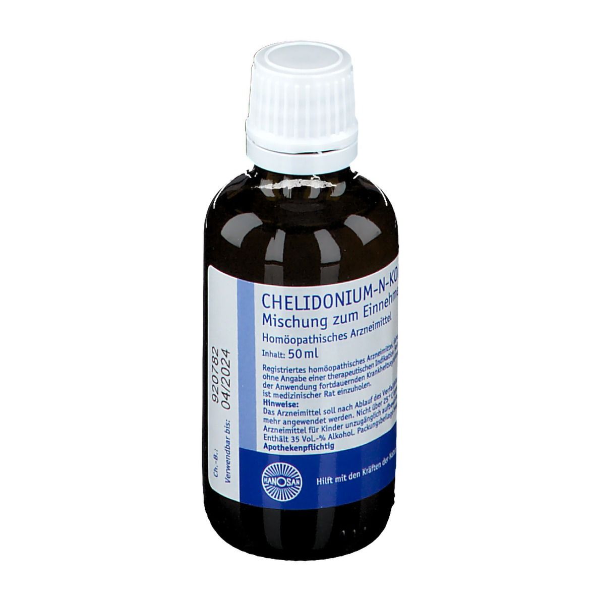 Braune Glasflasche mit weißem Verschluss. Etikett mit Produktnamen, Inhaltsstoffen und Verfallsdatum.