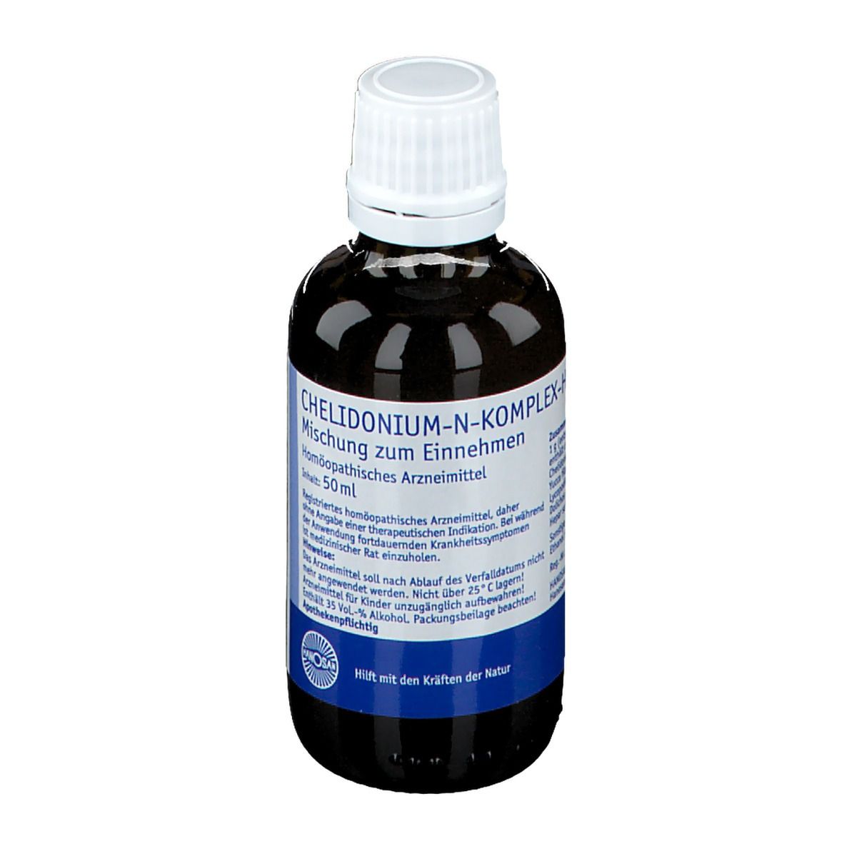Braune Glasflasche mit weißem Verschluss. Etikett mit Produktnamen und Informationen.