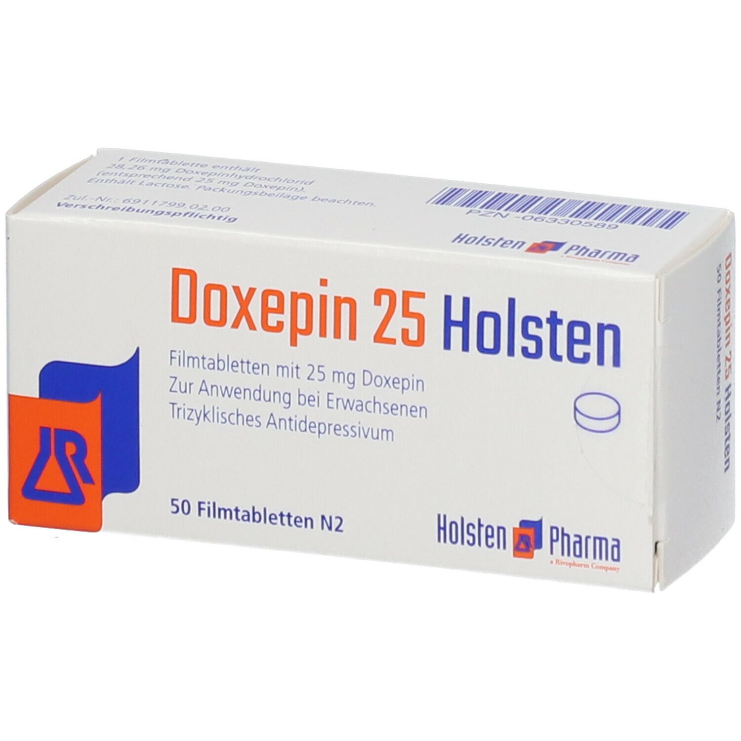 Doxepin 25 Holsten Filmtabl. Packung mit Produktinformationen und Logo. 50 Filmtabletten N2.