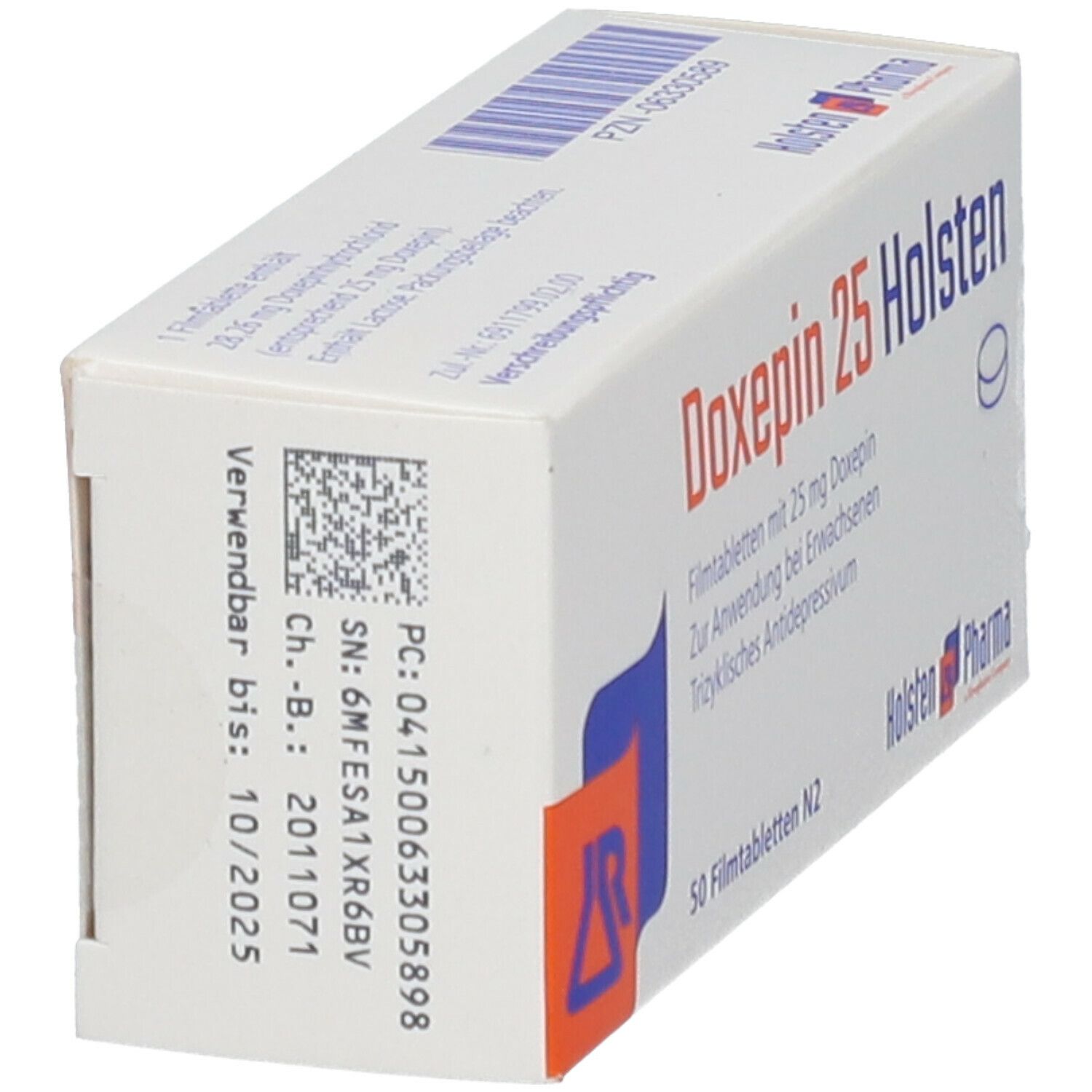 Doxepin 25 Holsten Packung, schräg. Produktinformationen, Barcode, Verfallsdatum. 50 Filmtabletten N2.