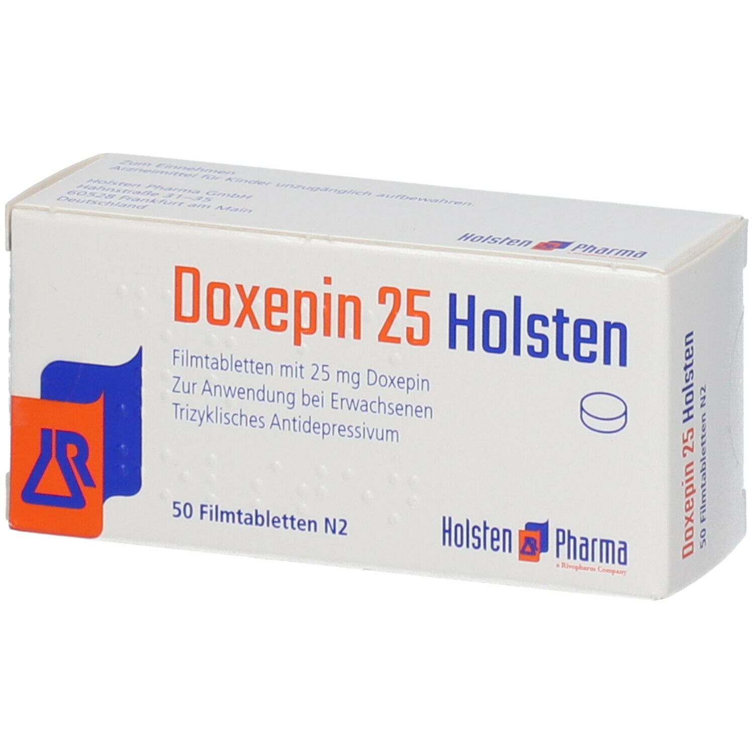 Doxepin 25 Holsten Filmtabl. Packung mit Produktinformationen und Logo. 50 Filmtabletten N2.