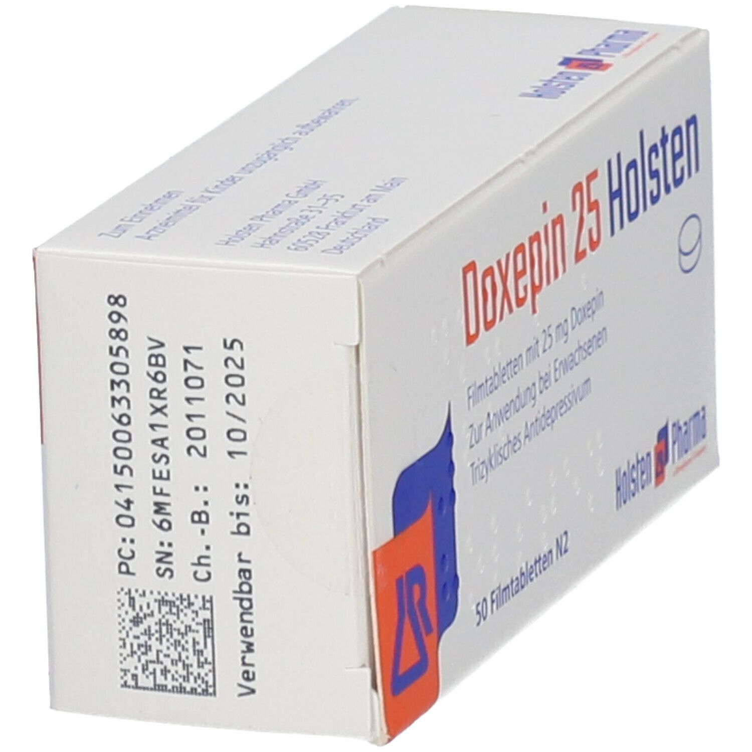 Doxepin 25 Holsten Packung, schräg. Produktinformationen, Barcode, Verfallsdatum. 50 Filmtabletten N2.