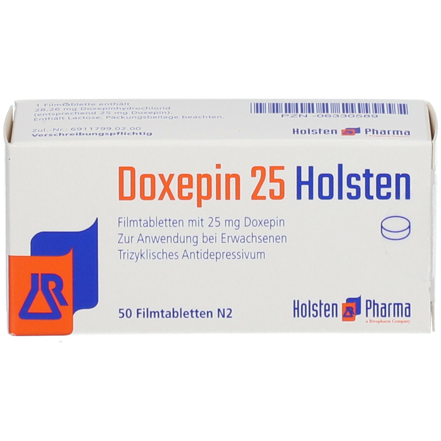Doxepin 25 Holsten Filmtabl. Packung mit Produktinformationen und Logo. 50 Filmtabletten N2.