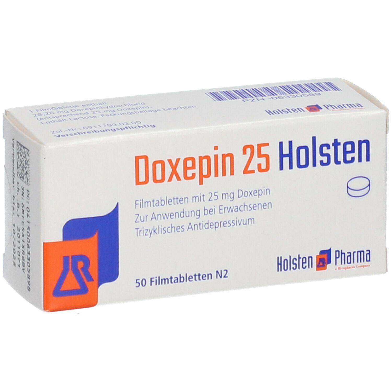 Doxepin 25 Holsten Filmtabl. Packung mit Produktinformationen und Logo. 50 Filmtabletten N2.