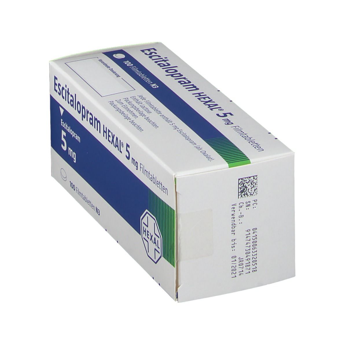 Schachtel Escitalopram HEXAL 5 mg Filmtabletten. Weiße Schachtel mit blauer Fläche und Produktinformationen.