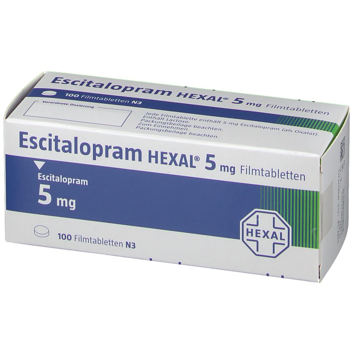 Schachtel Escitalopram HEXAL 5 mg Filmtabletten. Weiße Schachtel mit blauer Fläche und Produktinformationen.