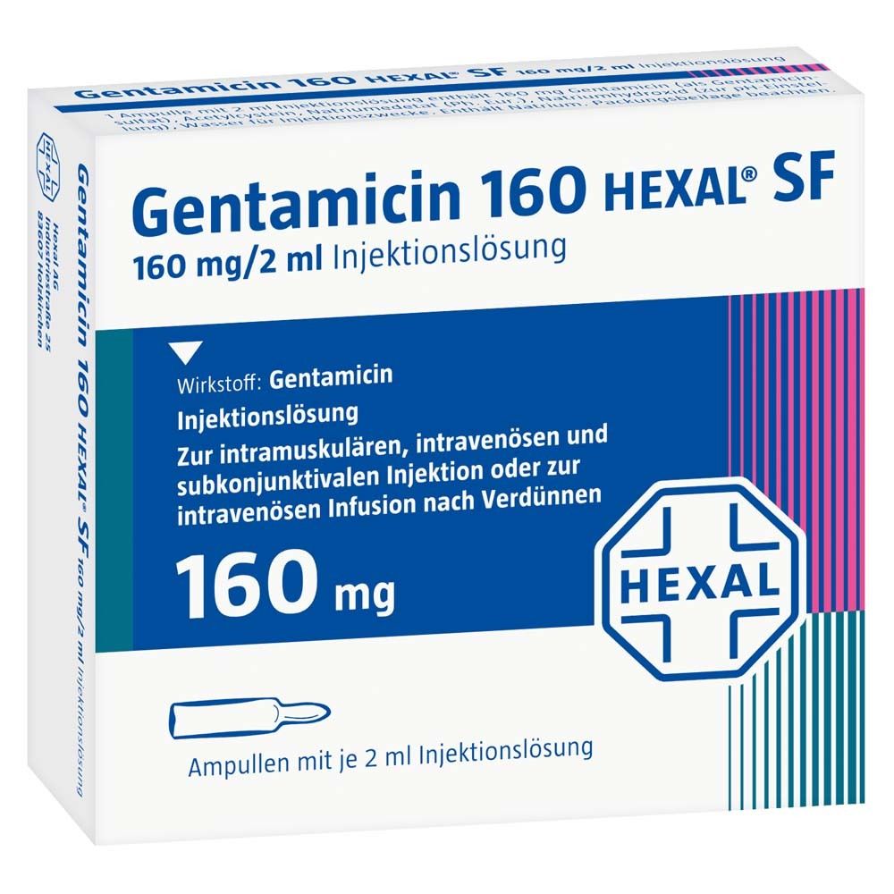 Schachtel mit Gentamicin 160 HEXAL SF. Enthält Injektionslösung. Aufdrucke: 160 mg, HEXAL Logo, Ampullen-Symbol.