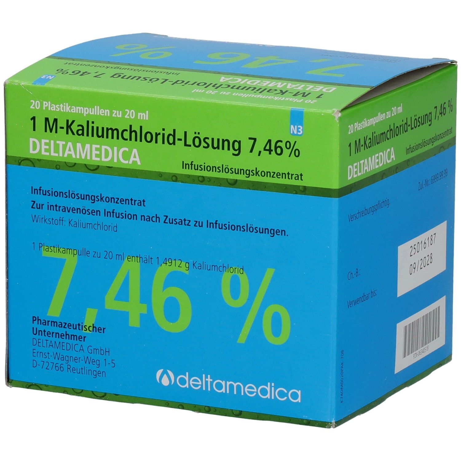 Blau-grüne Schachtel mit 1 M-Kaliumchlorid-Lösung 7,46% Deltamedica. Enthält 20 Plastikampullen. Aufdrucke: 7,46%, Deltamedica, Infusionslösungskonzentrat.