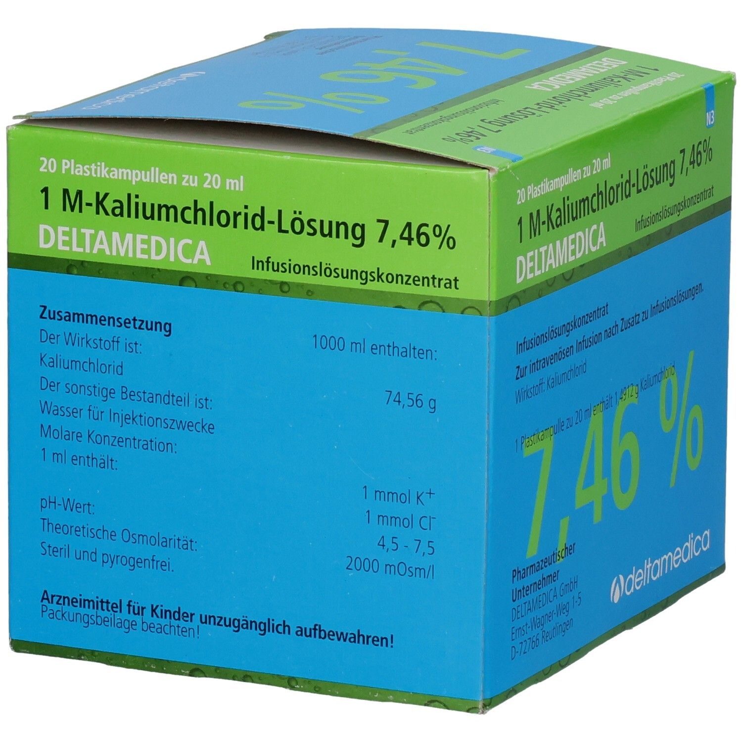 Blau-grüne Schachtel mit 1 M-Kaliumchlorid-Lösung 7,46% Deltamedica. Text: Zusammensetzung, 74,56 g, 1 mmol K+, 1 mmol Cl-, 2000 mOsm/l.