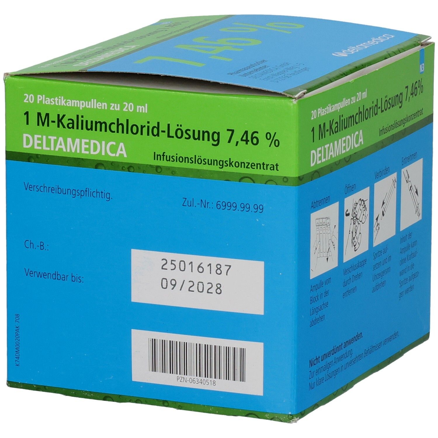 Blau-grüne Schachtel mit 1 M-Kaliumchlorid-Lösung 7,46% Deltamedica. Aufdruck: Verwendbar bis 09/2028. Zul.-Nr. 6999.99.99. Ch.-B.: 25016187.