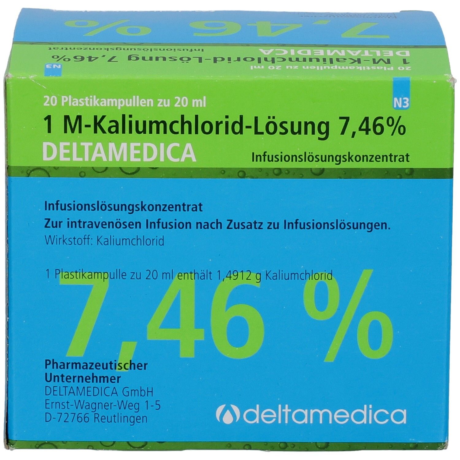 Blau-grüne Schachtel mit 1 M-Kaliumchlorid-Lösung 7,46% Deltamedica. Aufdruck: 7,46%, Deltamedica, Infusionslösungskonzentrat. Logo Deltamedica.