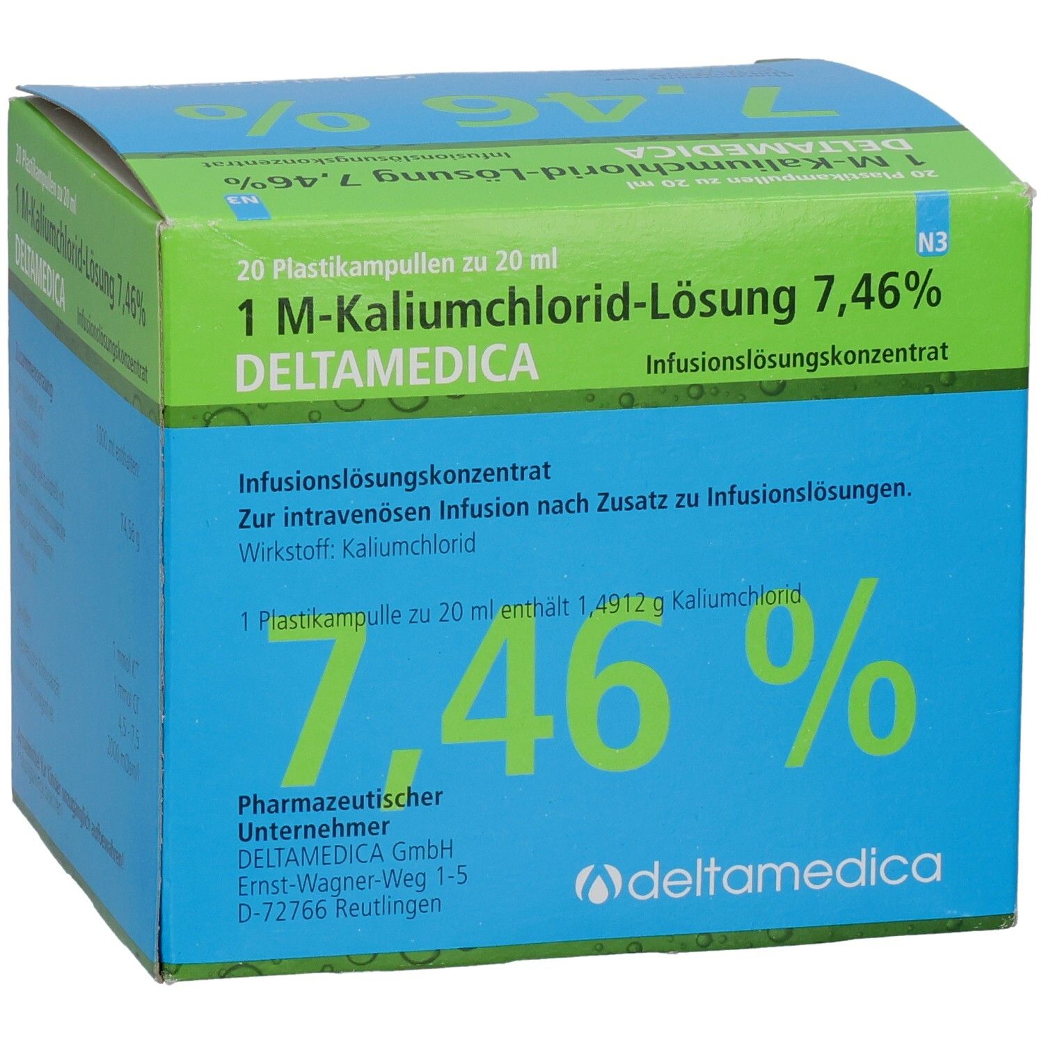 Blau-grüne Schachtel mit 1 M-Kaliumchlorid-Lösung 7,46% Deltamedica. Aufdruck: 7,46%, Deltamedica, Infusionslösungskonzentrat. Logo Deltamedica.