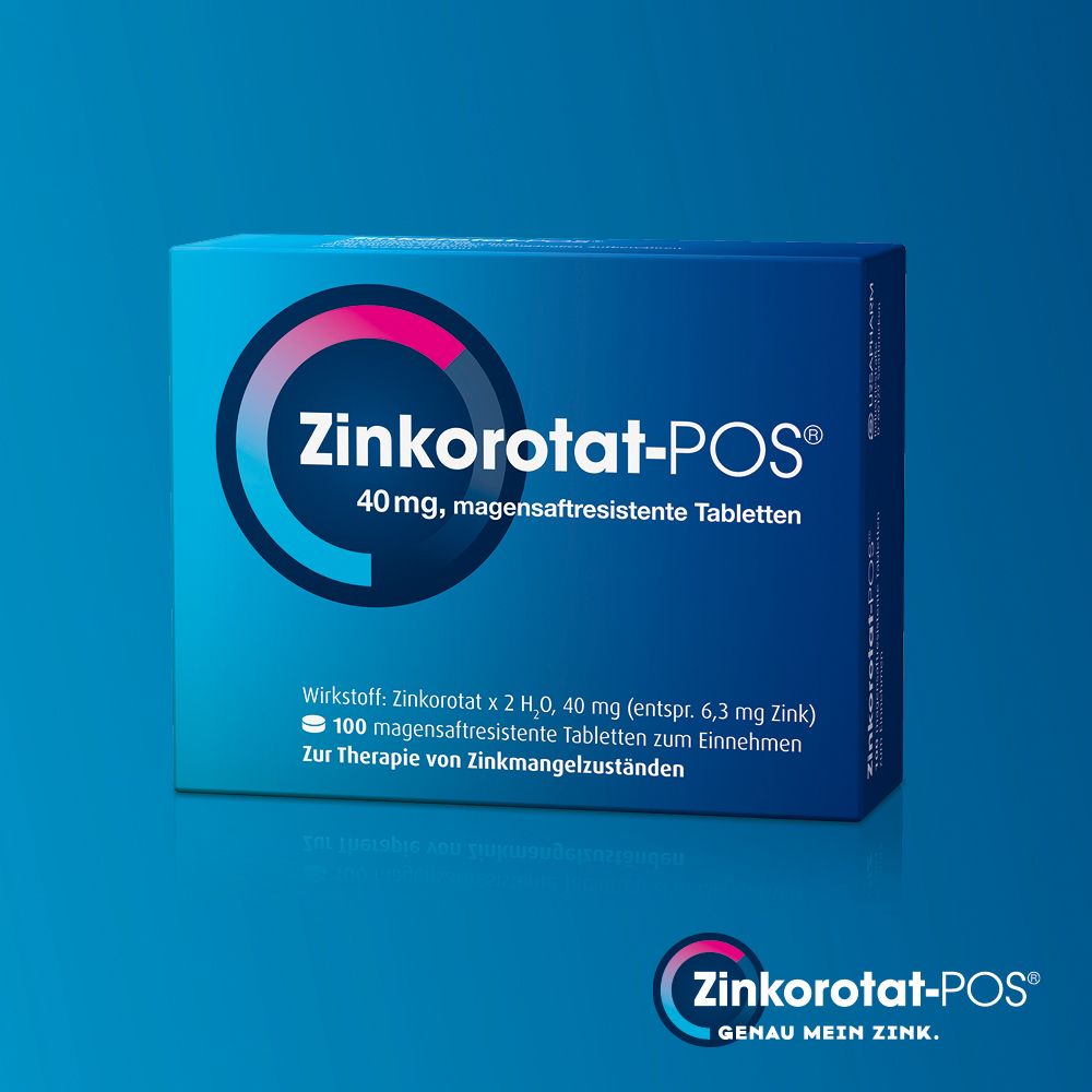 Blau-weiße Schachtel mit Zinkorotat-POS® 40 mg Tabletten. Text: magensaftresistente Tabletten. Kreis-Logo.