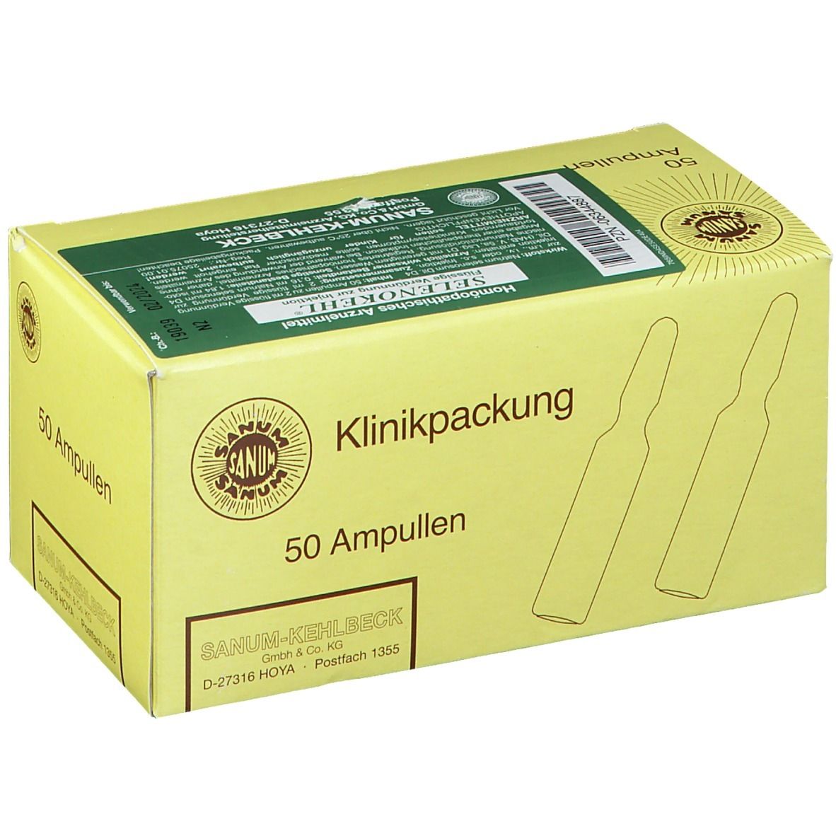 Gelbe Kartonverpackung mit Aufschrift "50 Ampullen" und "Klinikpackung". Logo und Produktnamen sichtbar.