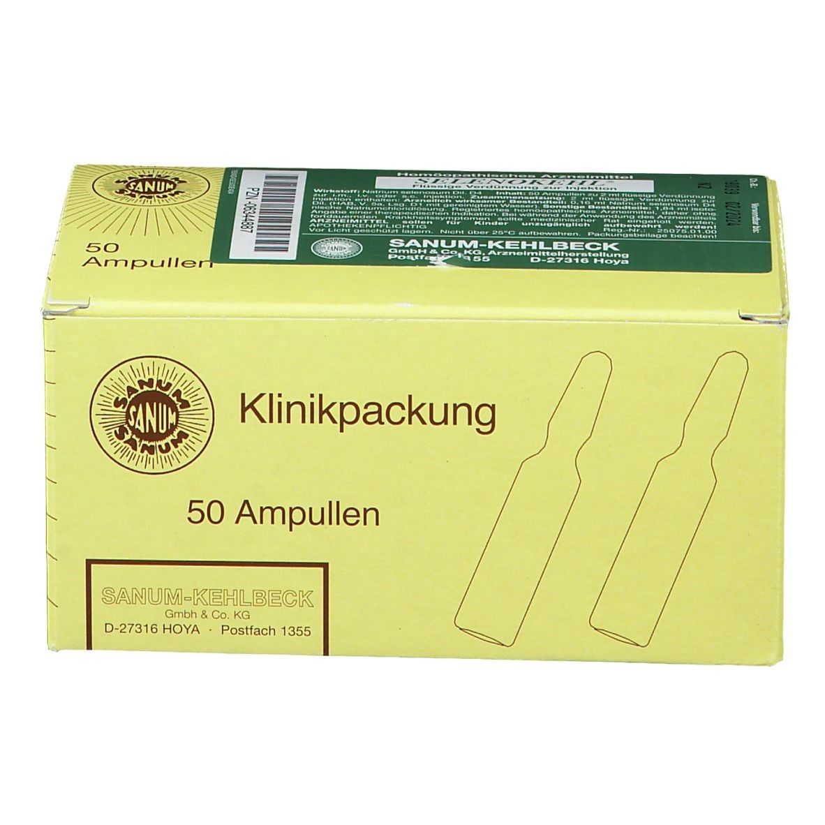 Gelbe Kartonverpackung mit Aufschrift "50 Ampullen" und "Klinikpackung". Logo und Produktnamen sichtbar.