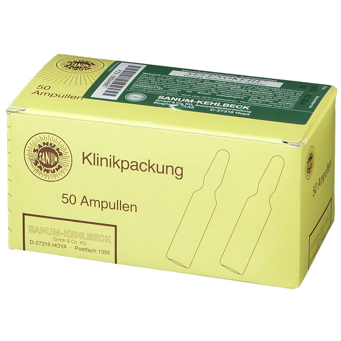 Gelbe Kartonverpackung mit Aufschrift "50 Ampullen" und "Klinikpackung". Logo und Produktnamen sichtbar.