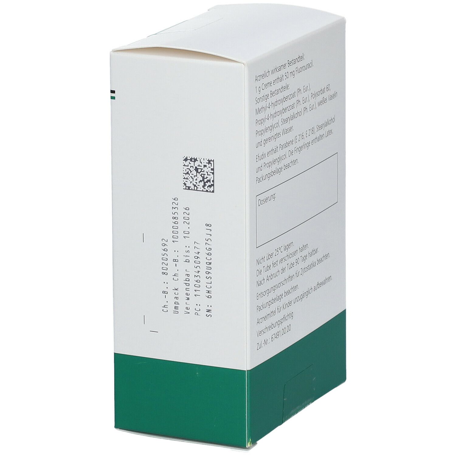 Weiß-grüne Faltschachtel. Rückseite mit Inhaltsstoffen und weiteren Informationen. QR-Code.