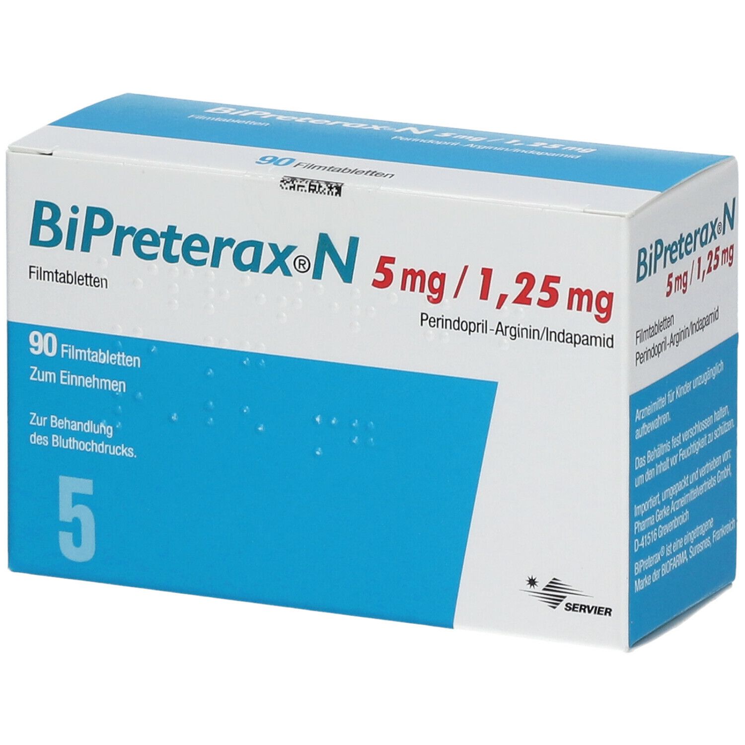 Blau-weiße Schachtel mit Aufschrift Bipreterax N 5 mg/1,25 mg. Enthält 90 Filmtabletten. Text in Deutsch.