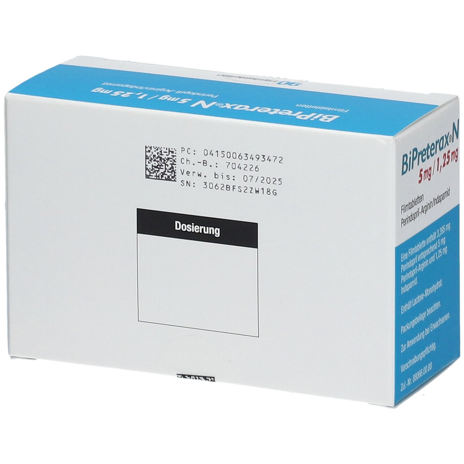 Rückseite der Bipreterax N 5 mg/1,25 mg Packung. Enthält Informationen und Barcode. Text in Deutsch.