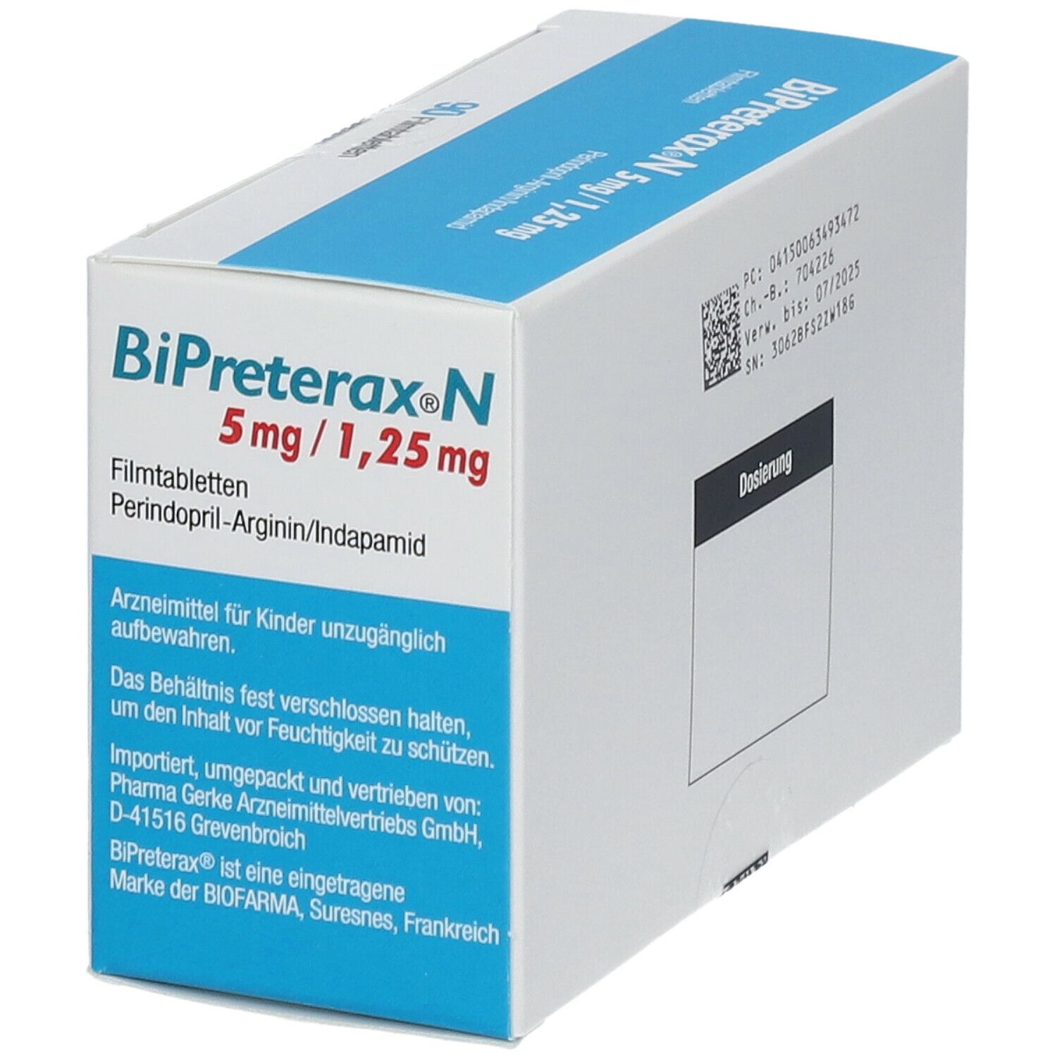 Bipreterax N 5 mg/1,25 mg Packung, schräg. Enthält Informationen. Text in Deutsch. Blaue und weiße Farbgebung.