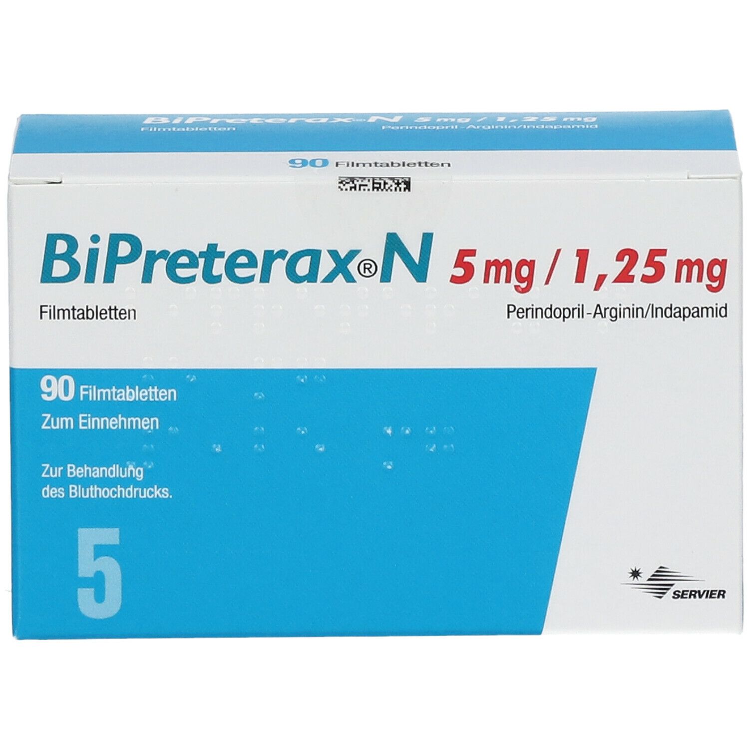 Bipreterax N 5 mg/1,25 mg Packung. Enthält 90 Filmtabletten. Text in Deutsch. Blaue und weiße Farbgebung.