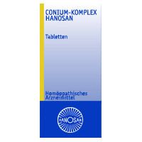Blau-weiß-gelbe Schachtel. Schriftzug: Conium-Komplex Hanosan Tabletten. Homöopathisches Arzneimittel. Hanosan-Logo.