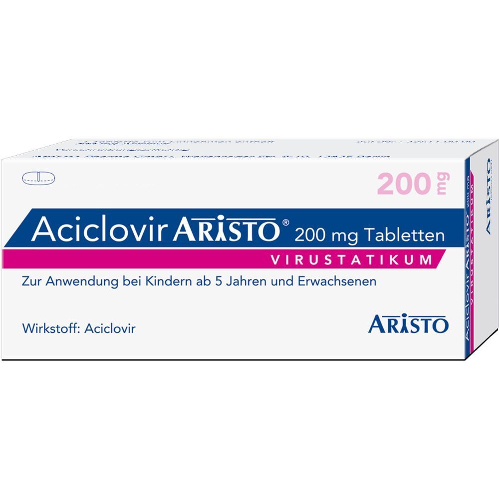Schachtel Aciclovir Aristo 200 mg Tabletten. Aufschrift: Virustatikum. Für Kinder ab 5 Jahren und Erwachsene.