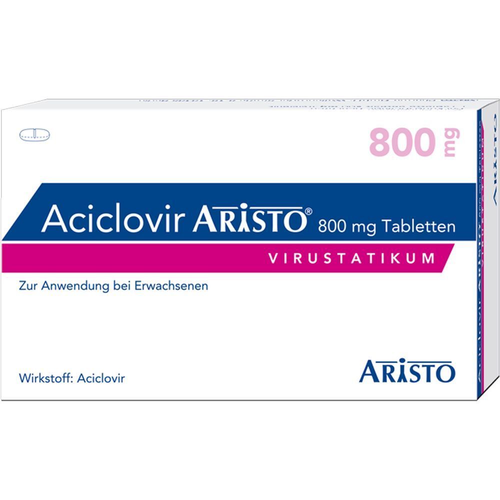 Schachtel Aciclovir Aristo 800 mg Tabletten. Weiß, blau, pink. Aufschrift: VIRUSTATIKUM. Für Erwachsene.