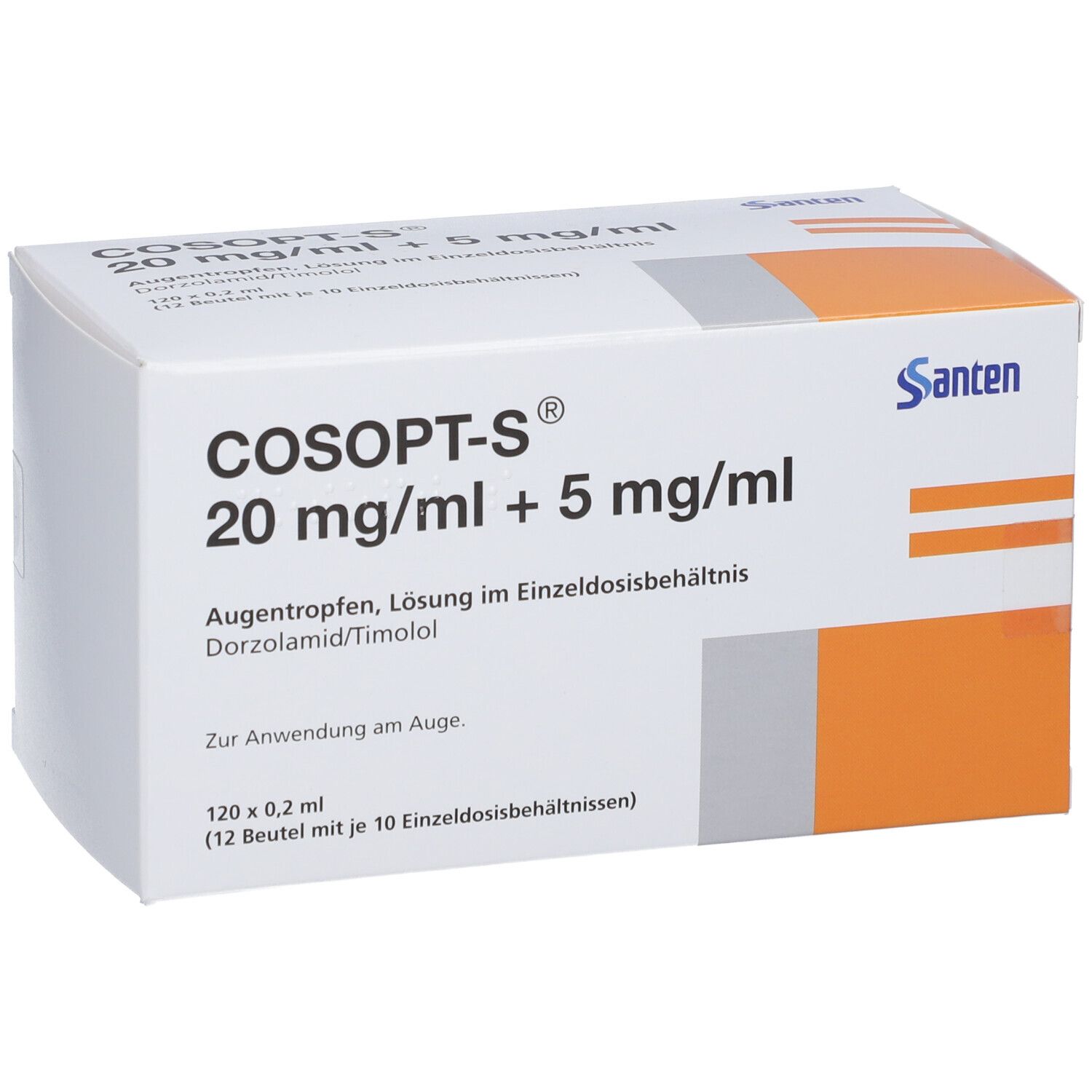 Weißer Karton mit COSOPT-S-Aufdruck. Enthält Augentropfen. Orangefarbene Akzente und Sante-Logo.