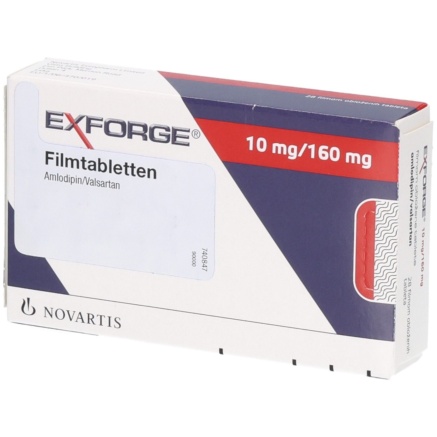 EXFORGE Filmtabletten 10 mg/160 mg von Novartis. Packung mit 28 Filmtabletten.