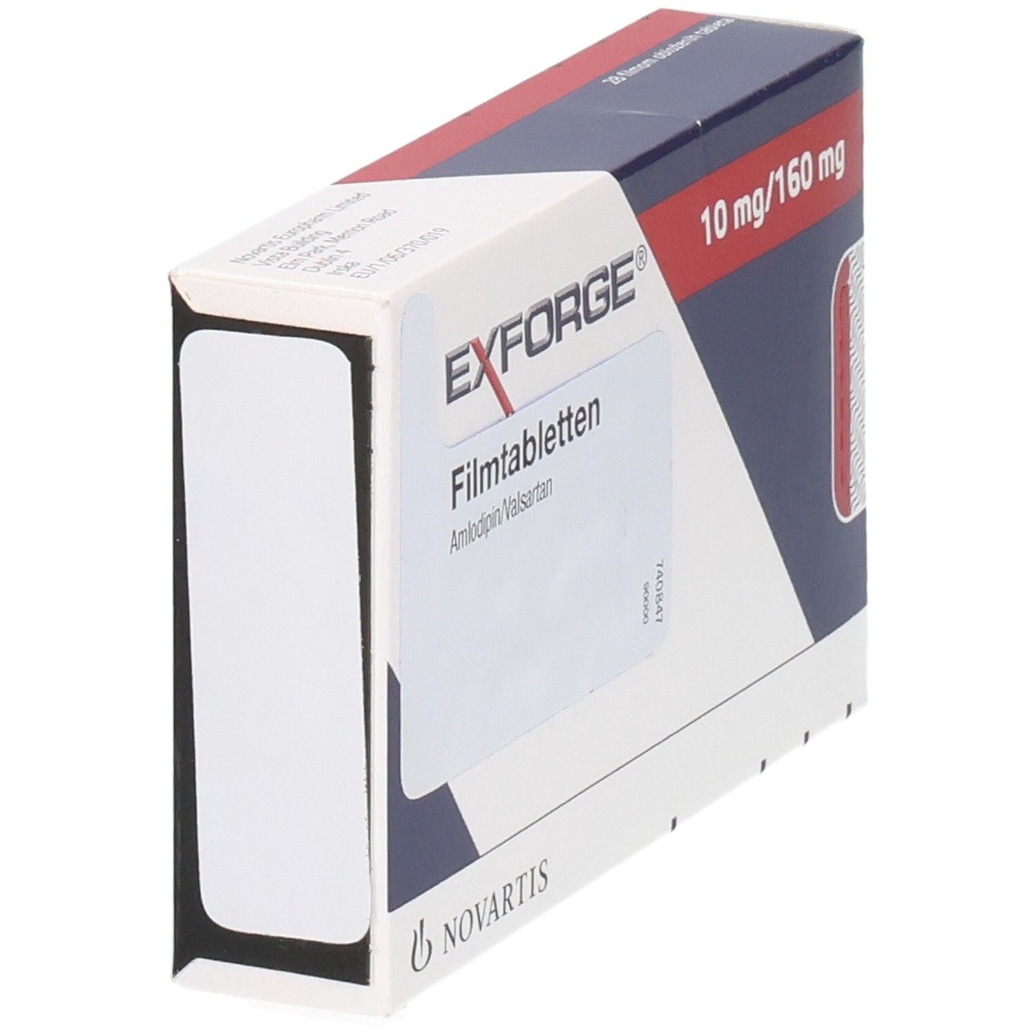 EXFORGE Filmtabletten 10 mg/160 mg von Novartis, Seitenansicht der Verpackung.