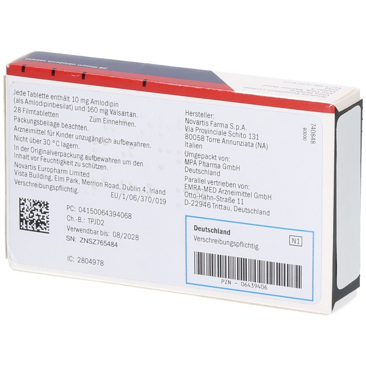 Rückseite der EXFORGE Filmtabletten 10 mg/160 mg Packung mit Hersteller- und Anwendungsinformationen.