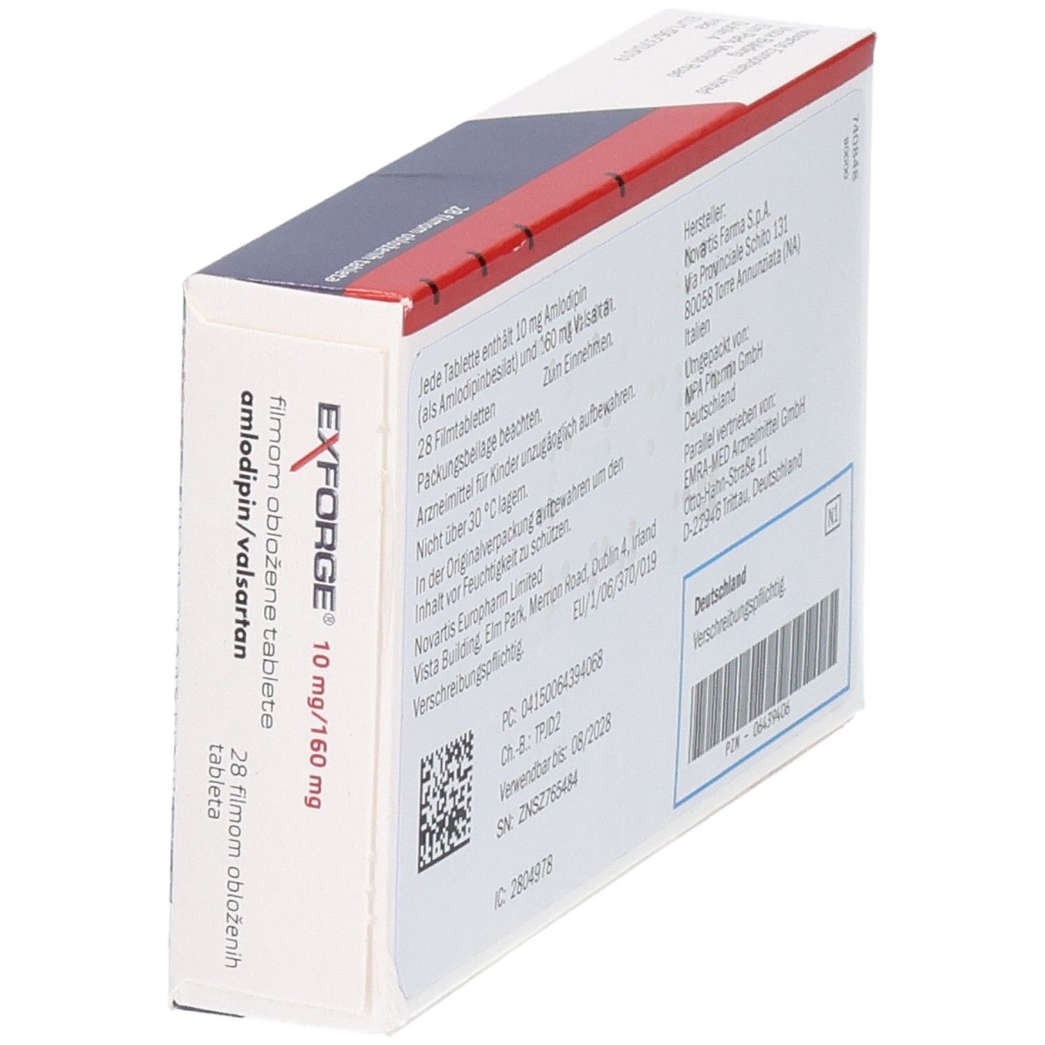 EXFORGE Filmtabletten 10 mg/160 mg von Novartis, schräge Ansicht der Verpackung.
