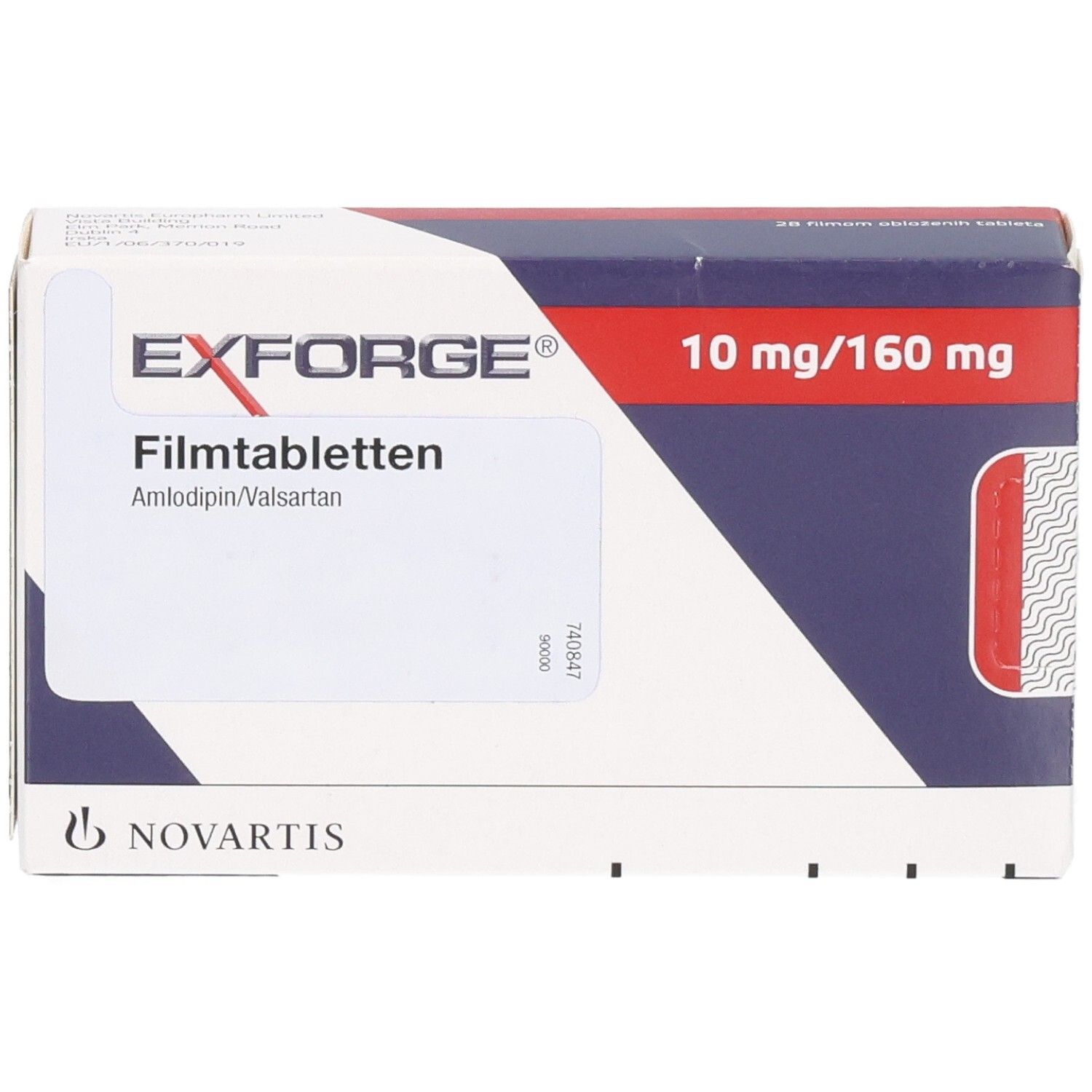 EXFORGE Filmtabletten 10 mg/160 mg von Novartis. Packung mit 28 Filmtabletten.