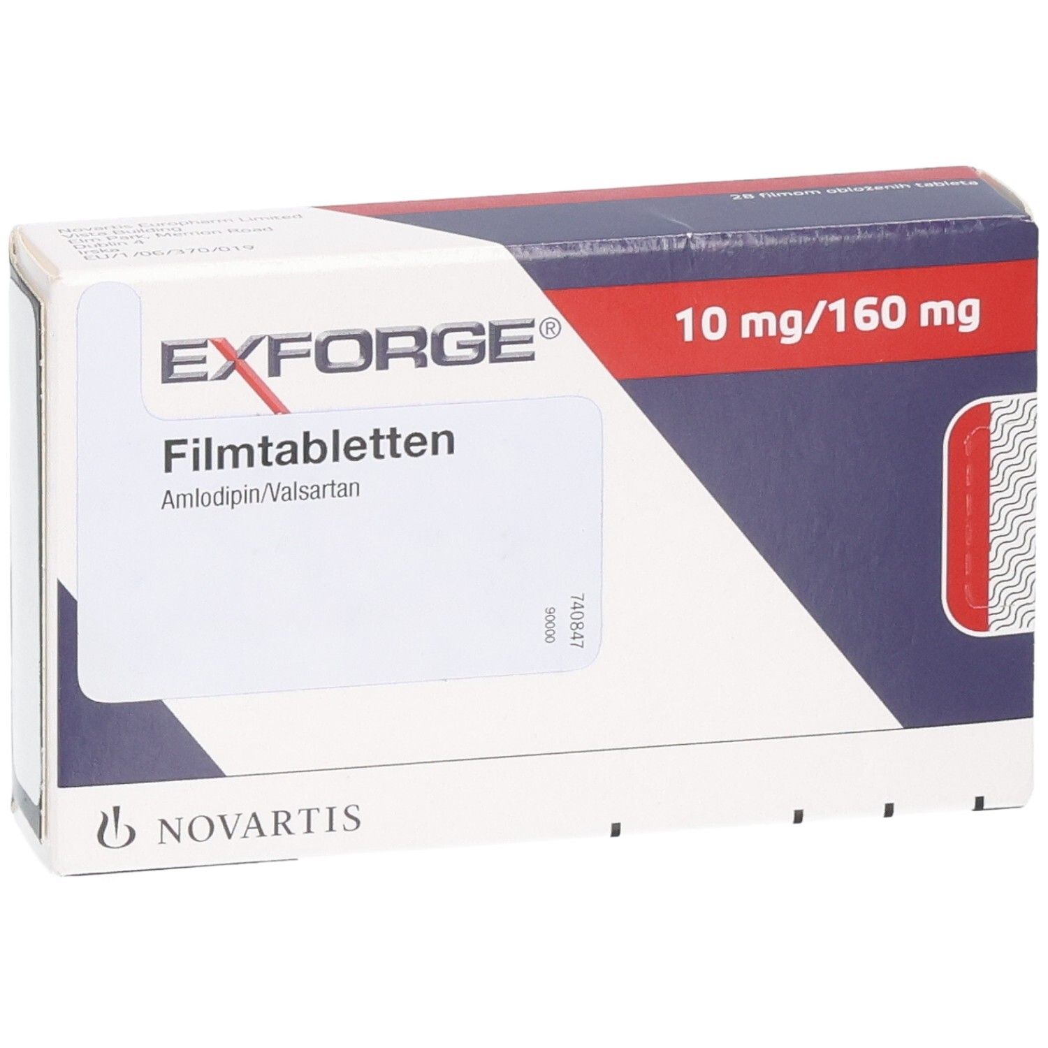 EXFORGE Filmtabletten 10 mg/160 mg von Novartis. Packung mit 28 Filmtabletten.