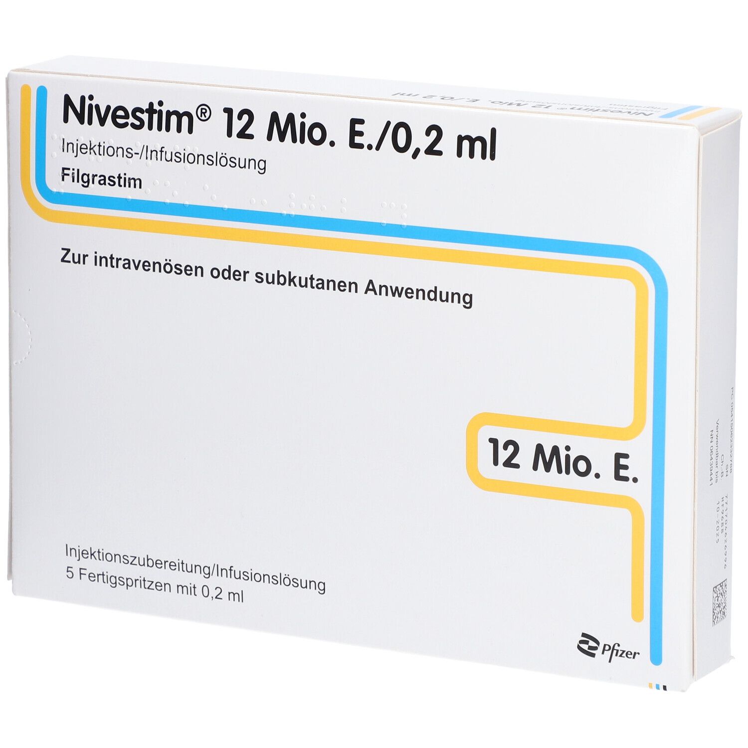 Verpackung von NIVESTIM 12 Mio.E/0,2ml. Aufschrift: Injektions-/Infusionslösung, Filgrastim. 5 Fertigspritzen.