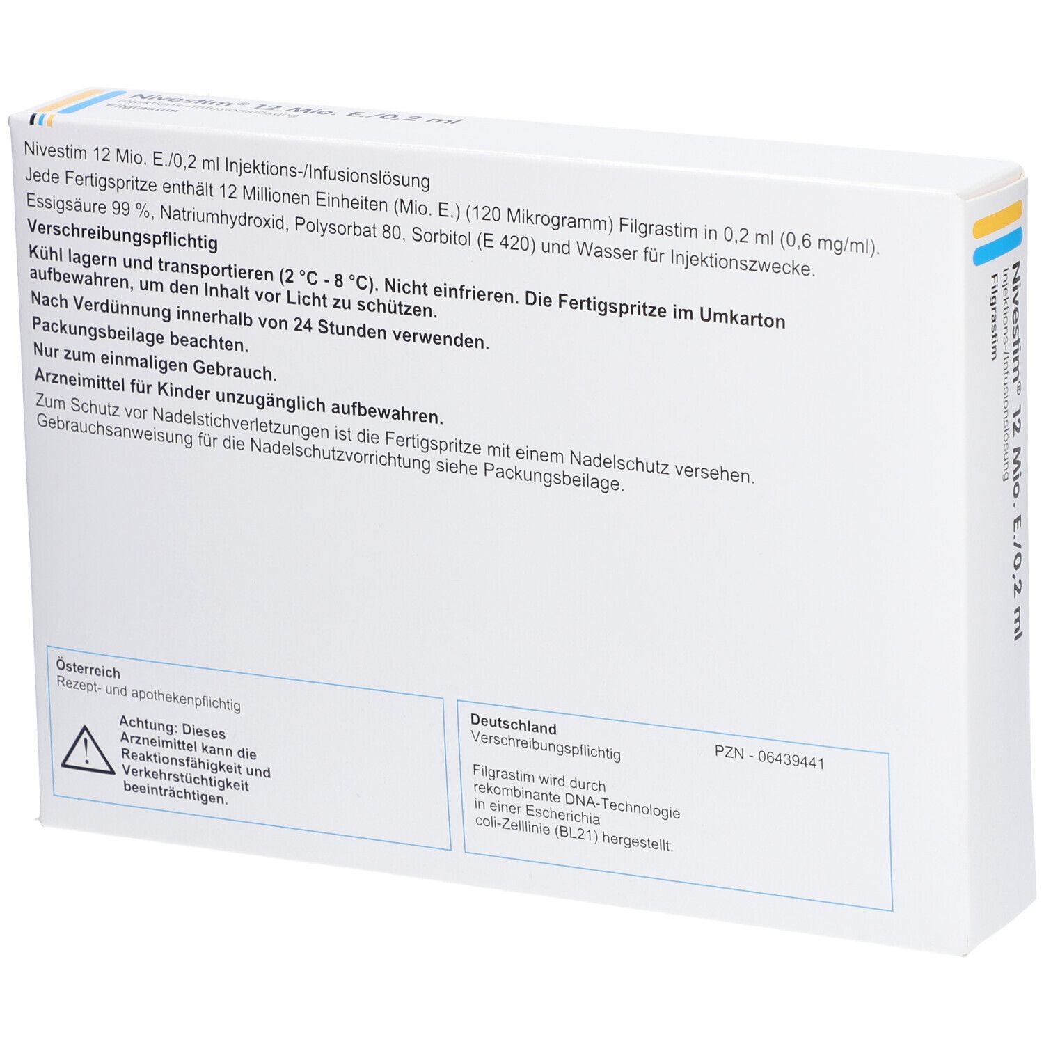 Rückseite der Verpackung von NIVESTIM 12 Mio.E/0,2ml. Text: Gebrauchsinformationen, Inhaltsstoffe, Warnhinweise, Herstellerinformationen.