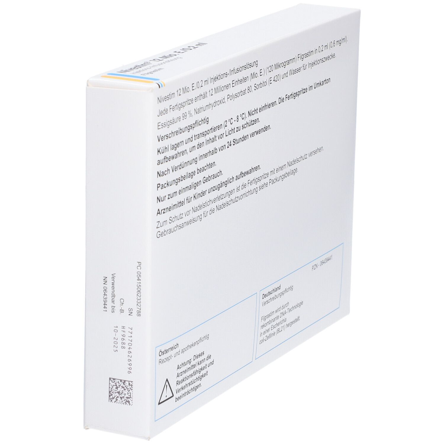 Schräg gestellte Rückseite der Verpackung von NIVESTIM 12 Mio.E/0,2ml. Text: Gebrauchsinformationen, Inhaltsstoffe, Warnhinweise.