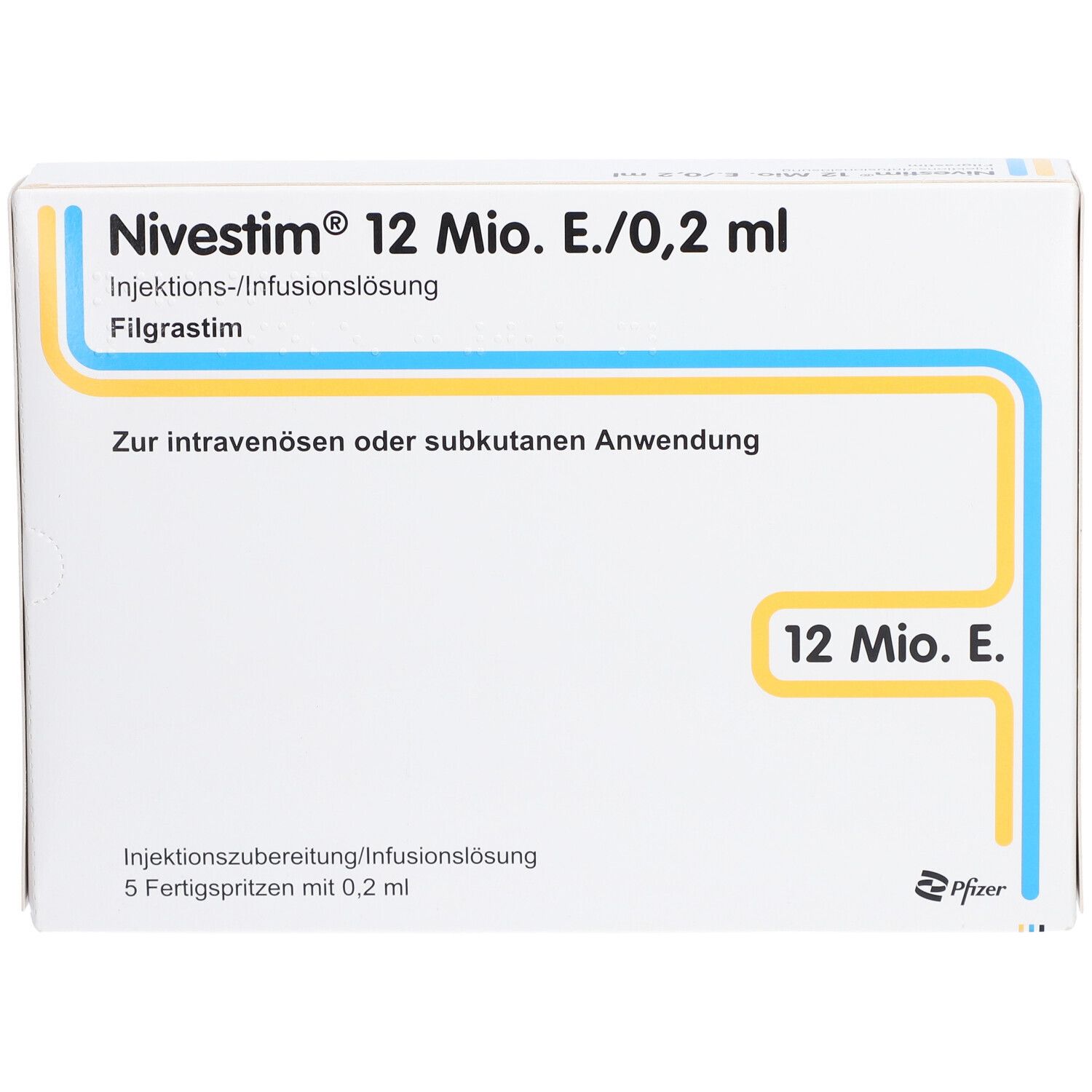 Vorderseite der Verpackung von NIVESTIM 12 Mio.E/0,2ml. Aufschrift: Injektions-/Infusionslösung, Filgrastim. 5 Fertigspritzen.